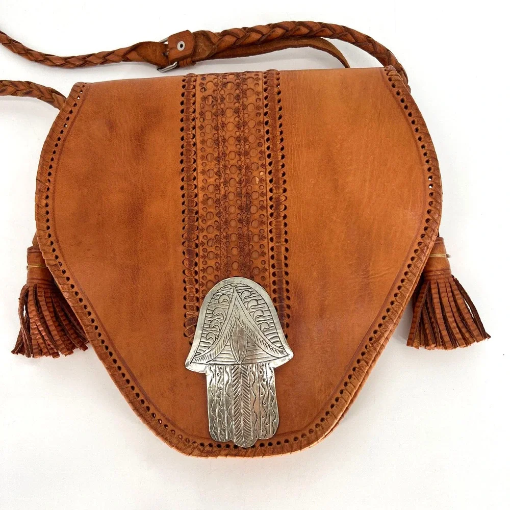 Vtg Four Winds‎ Leather Crossbody Brown Boho Hamsa Concho Morocco Braided Hippie